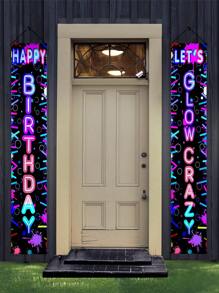 2件/套 30*180厘米 荧光涤纶生日门帘，印有“生日快乐”字样，生日派对背景装饰，室内/室外悬挂横幅，圣诞节 - 彩色 - 查看 3