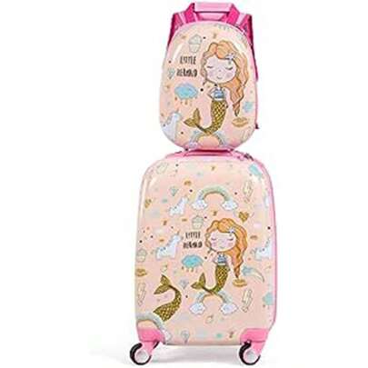 Barnresväska med ryggsäck, barnvagn, barnbagage med hjul, resväska med teleskophandtag, resväska med hårt skal för barn, barnvagn i urval av färger (12"+18", sjöjungfrur)