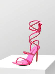 Women Stiletto Heeled Strappy Sandals, Rhinestone Decor Tie Leg Design Sandals, Glamorous Party Heeled Sandals For Summer Spring Wearing - 玫紅色 - 查看 1