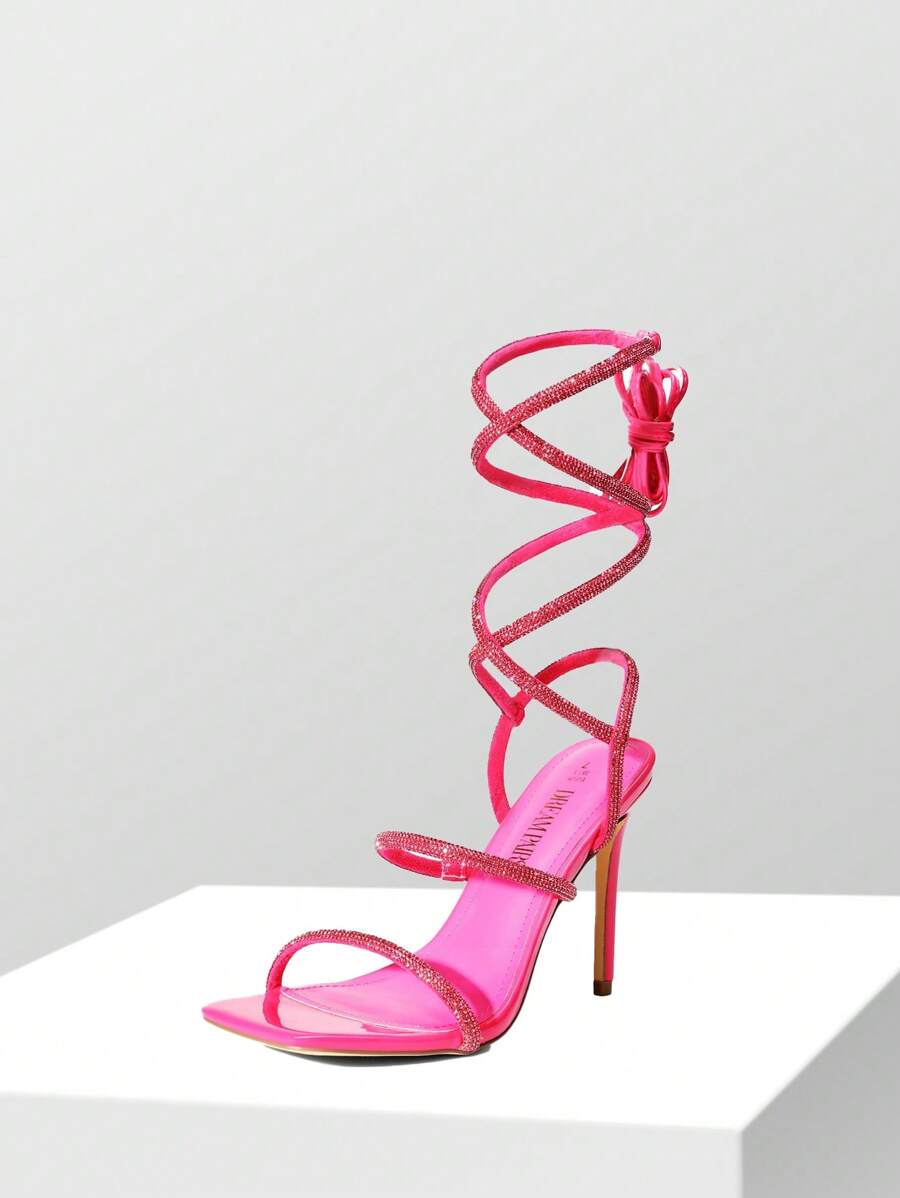 Women Stiletto Heeled Strappy Sandals, Rhinestone Decor Tie Leg Design Sandals, Glamorous Party Heeled Sandals For Summer Spring Wearing - 玫紅色 - 查看 1