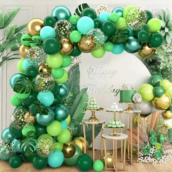 Set de 138 de baloane din latex cu tematică de animale din junglă și dinozauri pentru arc de baloane, decor pentru petrecere de ziua de naștere în aer liber, verde și auriu, Ziua Îndrăgostiților pentru întoarcerea la școală