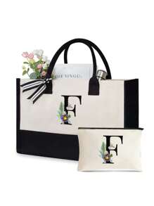 Túi vải bố (1/2 chiếc) kèm ngăn đựng mỹ phẩm, có thể tùy chỉnh họa tiết chữ cái, thích hợp làm quà tặng cho đám cưới, sinh nhật, đi biển, du lịch, dùng làm ba lô, v.v. Món quà tuyệt vời dành cho phụ nữ, mẹ, giáo viên, bạn bè, phù dâu, sinh viên. Thiết kế rộng rãi. - Đen và trắng - Xem 15