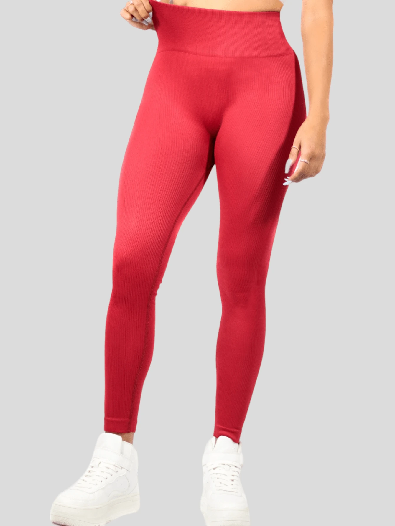 Leggings deportivos canalé stretch de cintura ancha mallas de deporte mujer - Rojo - Ver 1