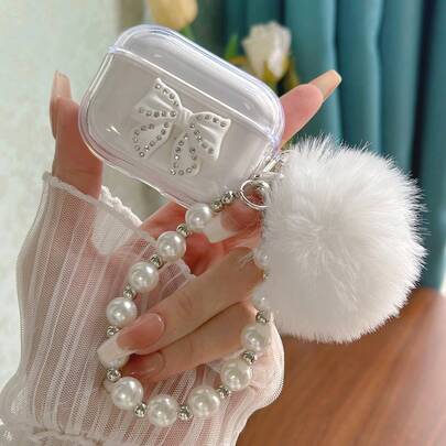 白色蝴蝶结元素苹果手机壳，透明菱形耳机套，带蝴蝶结、绒球和串珠链，春季礼物