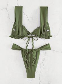 Bikini Set For Women, Split Type, Rope-Tied, With Frill Trim Summer - Army Green - View 6