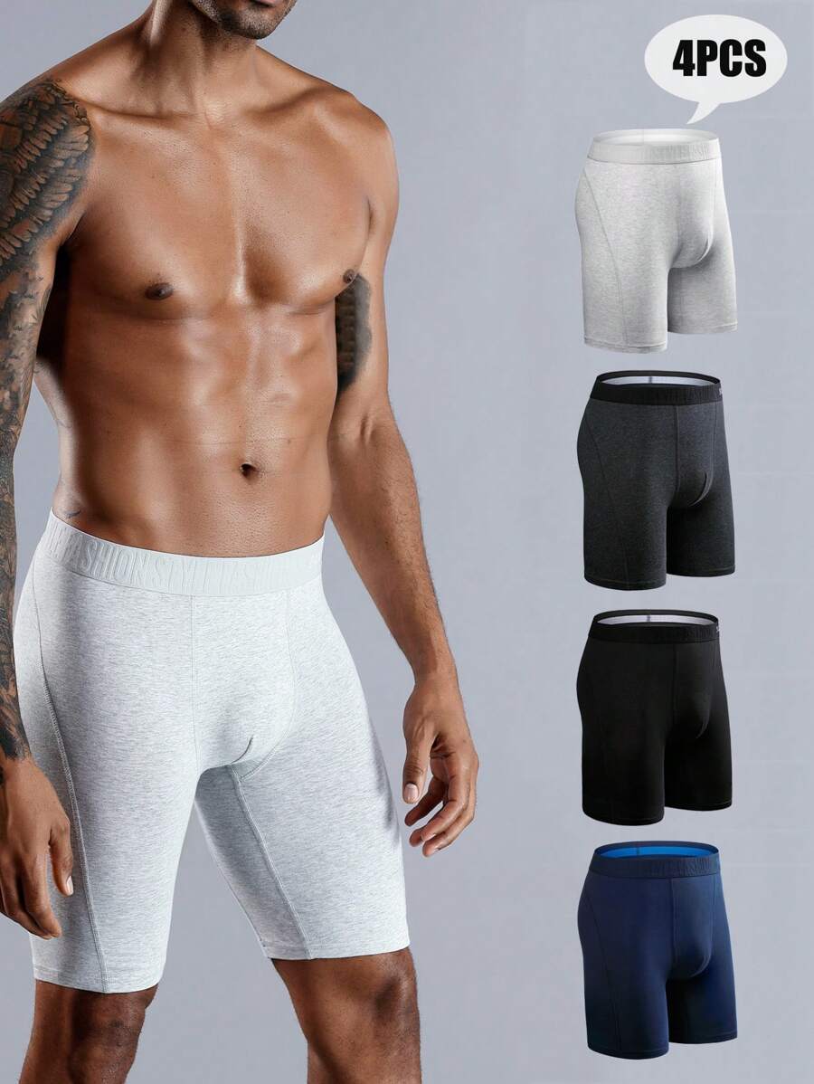 4 件装 长款男士透气字母印花平角内裤 - 彩色 - 查看 1