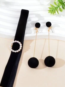 Ensemble De Bijoux De Fête Rétro De 3 Pièces Collier Ras Du Cou En Velours Noir Longue Pendentif Boucles D'oreilles À Crampons En Balle Pour Soirée De Sortie