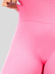 Wide-Waisted Stretch Ribbed Sports Leggings Women's Sports Tights - Berwarna merah muda - View 5