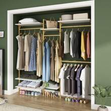 Gold/White Wall Mount Clothes Rack With 4 Hanging Rods, Clothing Rack With 6-Tier Adjustable Shelves, Closet Storage Organizer System Kit, Heavy Duty Garment Rack With Metal (80.43" L*78.62" H) - Gold - View 6