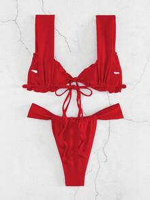 Nuevo conjunto de bikini de unicolor, elegante y sexy para mujeres, con cuello halter y terminación de volantes, para el verano