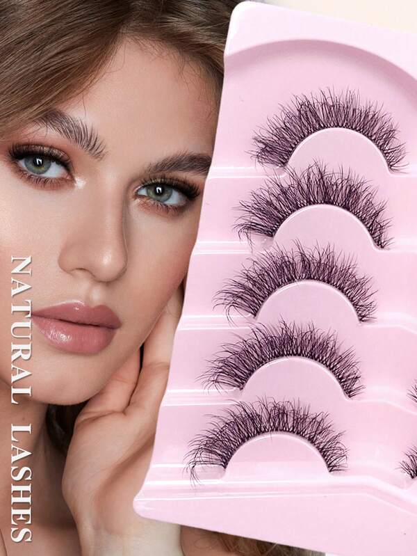 Faux Mink Eyelashes With Clear Band Strip Lashes Invisible 3D Fake Lashs Pack 5 Pairs Fluffy Natural Look Wispy Light Short False Eyelashes