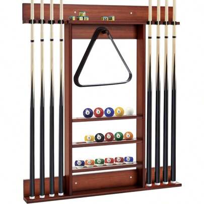 Billiard Stand, Pool Cue Holder Made Of Pine Wood With 8 Cue Pins, 3 Tier, Ball Rack Holder & Shelf, Billiard Cue Stand For Bars Clubs Playroom, Wall Mounted (Brown)