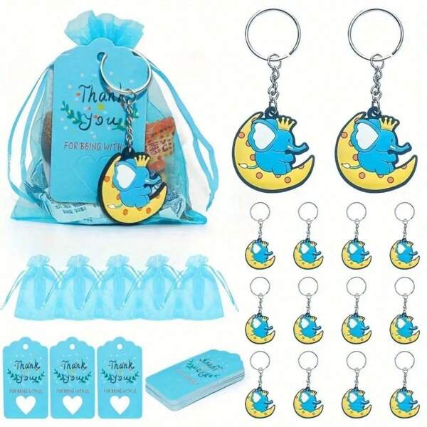 Conjunto de 10/20/30 piezas de recuerdos de fiesta de elefante que incluyen llavero de elefante, tarjeta de agradecimiento y bolsa de regalo para bautizo aniversario fiesta de cumpleaños souvenir de luna llena.