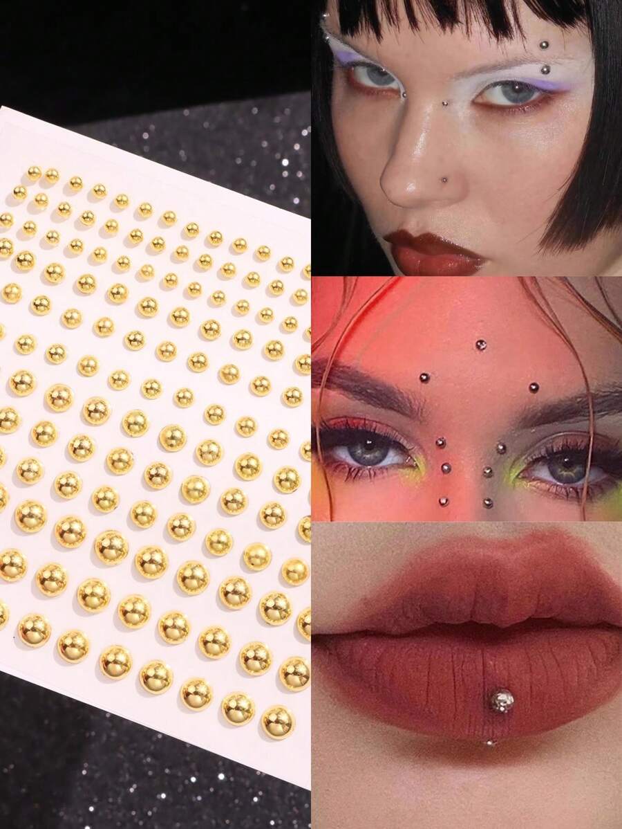165pcs/Set 3-6mm Gold Acrylic Fake Nose Rings Stickers, Fake Eyebrows Lip Rings, Piercing-Free Body Jewelry, Face Stickers, Unisex, Party Accessories