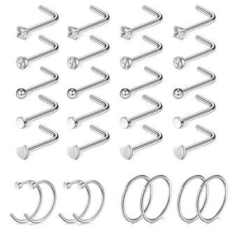 28 pièces Clous de nez boule en acier inoxydable, anneaux de nez en zircone, anneaux de nez en forme de cœur et de lettre, ensemble de bijoux de piercing de nez