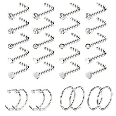 28pcs Stainless Steel Ball Nose Studs, Zirconia Nose Rings, Heart & Letter Nose Rings, Nose Piercing Jewelry Set