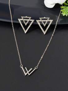 Set De Joyas De Fiesta Elegante De 3 Piezas, Aretes De Triángulo Plateado Con Decoración De Diamantes De Imitación Y Collar Con Colgante Geométrico Para Citas