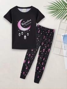 2 szt./zestaw Tween dziewczynka Dopasowanie do Śliczny Księżyc & Lampki Nocne & Meczet Nadruk Krótki Rękaw Koszulka  I Długi Spodnie , Letni casual Wygodny Komplety piżamowe - Czarne - Zobacz 1