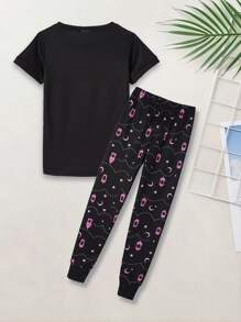 2 szt./zestaw Tween dziewczynka Dopasowanie do Śliczny Księżyc & Lampki Nocne & Meczet Nadruk Krótki Rękaw Koszulka  I Długi Spodnie , Letni casual Wygodny Komplety piżamowe - Czarne - Zobacz 2