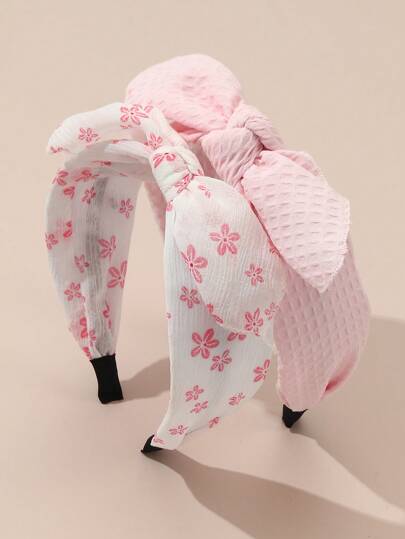 2入組女童兔耳朵和花朵裝飾的布質頭帶