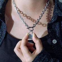 1pc Titanium Steel Necklace With Lock Pendant, Vintage Style, Unisex, Suitable For Couples Wearing - Silver - View 3