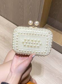 迷人整體珍珠珠光面吻鎖金屬鏈手拿包,優雅紋理框架婚禮錢包,派對舞會晚餐晚餐包 - 米色 - 查看 1