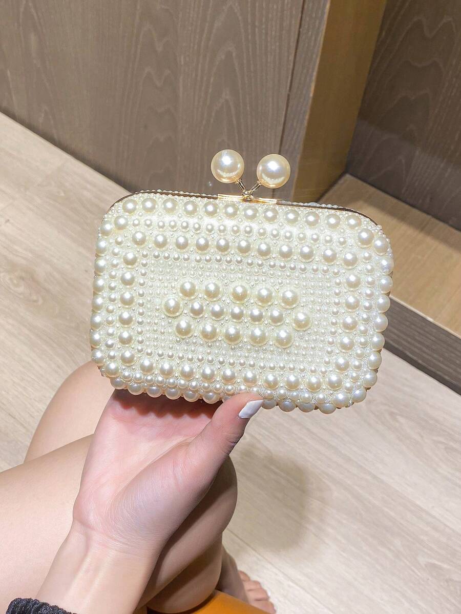 迷人整體珍珠珠光面吻鎖金屬鏈手拿包,優雅紋理框架婚禮錢包,派對舞會晚餐晚餐包 - 米色 - 查看 1