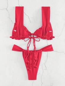 New Sexy Solid Color Bikini Set For Women, Halter Neck Lace-Up Bandeau Top & Brief Bottom With Ruffle Trim Summer