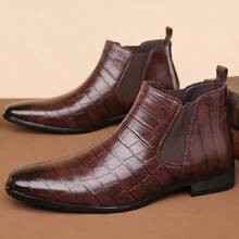 Men's Crocodile Skin Pattern High Top Leather Boots For Autumn And Winter Fashion - Brown - View 2