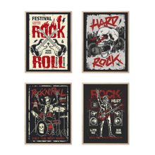 4入組復古重金屬硬搖滾音樂會壁畫,經典樂團音樂節和現場演出油畫印刷海報,骷髏頭電吉他鼓扬聲器圖案,不含相框 - 多色 - 查看 1