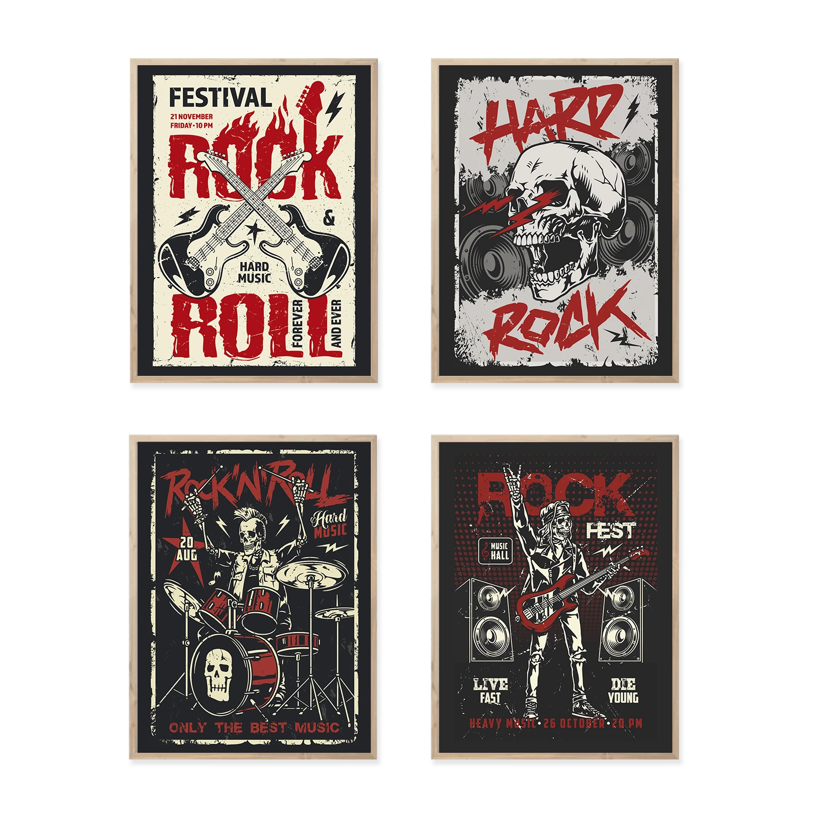 4入組復古重金屬硬搖滾音樂會壁畫,經典樂團音樂節和現場演出油畫印刷海報,骷髏頭電吉他鼓扬聲器圖案,不含相框 - 多色 - 查看 1