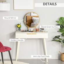 HOMCOM Modern Dressing Table With Round Mirror, Makeup Vanity Table With 2 Drawers For Bedroom, Living Room, White - White - View 7