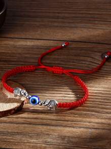 1pc Elephant Shaped Blue Eye & Evil Eye Decorated Red Rope Braided Adjustable Bracelet - Multicolor - View 1