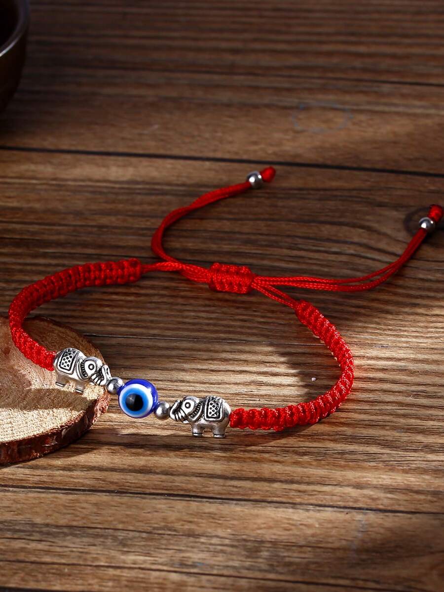 1pc Elephant Shaped Blue Eye & Evil Eye Decorated Red Rope Braided Adjustable Bracelet - Multicolor - View 1