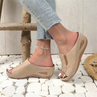 Women's Colorblock Wedge Sandals, Open Toe Hollow Out Slip On Slides Shoes, Casual Outdoor Slides Valentines