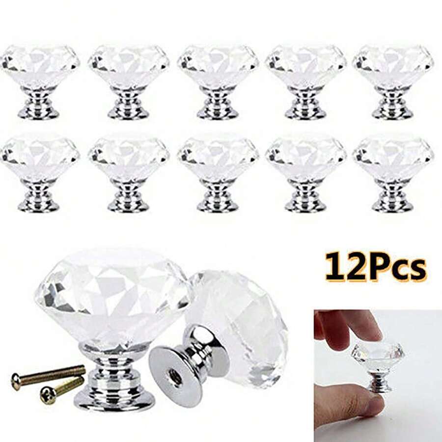 12Pcs Clear Diamond Crystal Glass Door Knobs Drawer Wardrobe Cabinet Handles - White - View 1