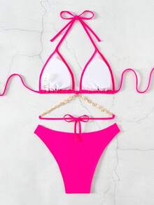 Premium Shell Decor Chained Triangle Bikini Set, Solid Color Nylon Fabric - Hot Pink - View 2