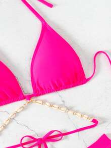 Premium Shell Decor Chained Triangle Bikini Set, Solid Color Nylon Fabric - Hot Pink - View 4