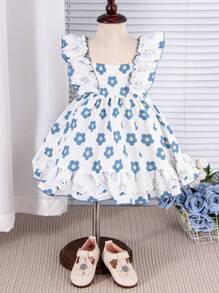 New Summer Digital Print Sunflower Baby/Toddler Girls' Ruffled Spaghetti Strap Dress With Double Layer Lace Hem