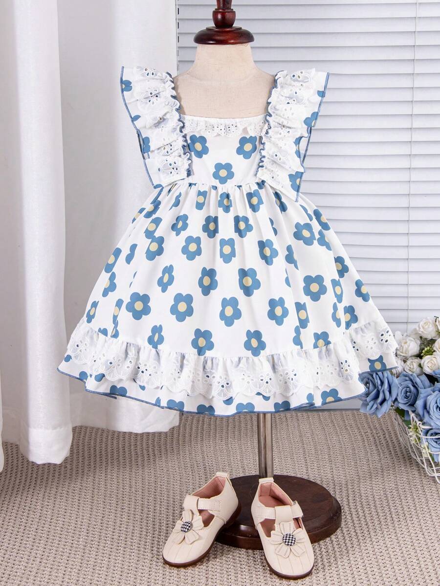 New Summer Digital Print Sunflower Baby/Toddler Girls' Ruffled Spaghetti Strap Dress With Double Layer Lace Hem