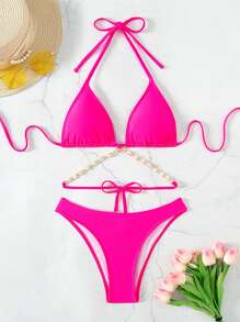 Premium Shell Decor Chained Triangle Bikini Set, Solid Color Nylon Fabric - Hot Pink - View 1
