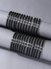 1 件优雅简约风格 26 个字母雕刻黑色哑光玛瑙串珠弹性手链，适合青少年、学生、朋友、姓名首字母手链礼物 - 黑色 - 查看 4