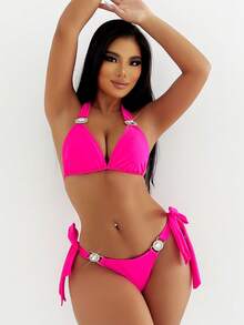 New Arrival Bikini Set With Sparkling Rhinestones For A Fashionable & Sexy Bikini Set Look Summer Beach - Hot Pink - View 4