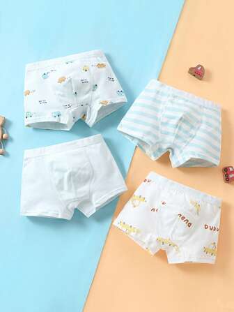 4入組男孩卡通純色＆小汽車＆條紋圖案印花短褲,全年適用