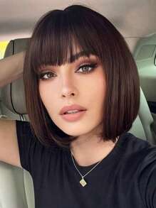 女士啡色短髮假髮,短假髮帶劉海,防高溫合成纖維假髮,適用於日常或派對使用 - 紫紅色 - 查看 1