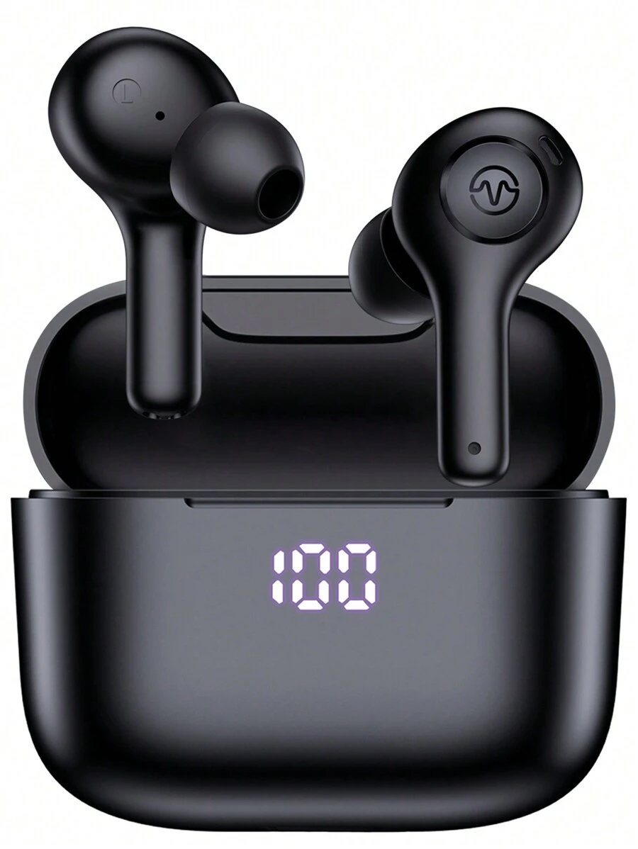 藍牙耳機，真無線耳塞，具有LED電源顯示大容量充電盒，防水IPX7觸摸控制立體聲入耳式耳機，帶4個內置麥克風，適用於/ / Android - 黑色 - 查看 1