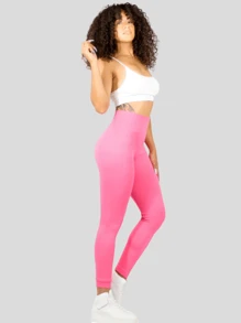 Wide-Waisted Stretch Ribbed Sports Leggings Women's Sports Tights - Berwarna merah muda - View 2