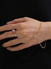 1pc Fashionable Vintage Gold Rhinestone Hollow Geometric Minimalist Unique Finger Chain Bracelet Ring Set, Snake-Shaped Linked Finger Chain For Women - Gold - View 3