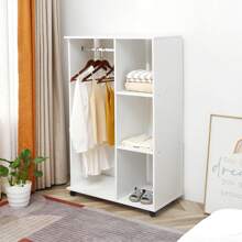 HOMCOM Open Wardrobe With Hanging Rail And Storage Shelves W/Wheels Bedroom - White - View 2