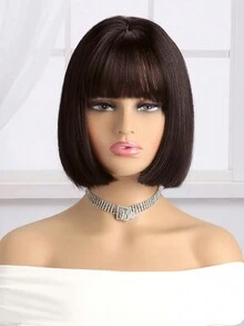 女士啡色短髮假髮,短假髮帶劉海,防高溫合成纖維假髮,適用於日常或派對使用 - 紫紅色 - 查看 2